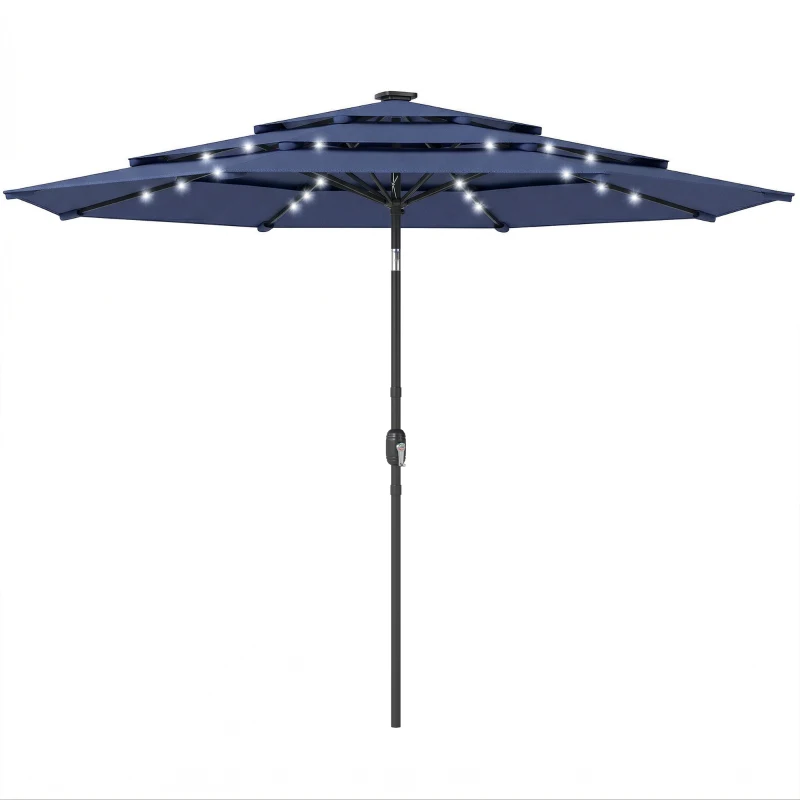 Outsunny 2.8 m Garden Parasol Umbrella with LED Solar Light, Parasol Cover, 3 Tier Outdoor Table Market Patio Umbrella, Navy Blue