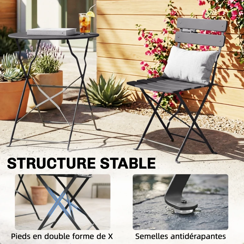 Outsunny Ensemble Bistrot de Jardin 3 Pièces Table et 2 Chaises Pliantes à Lattes Double Protection Antirouille Noir