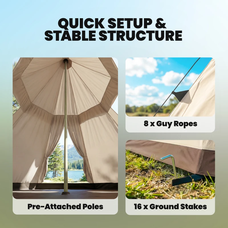 Outsunny 6 Men Tipi Tent with Carry Bag - Khaki