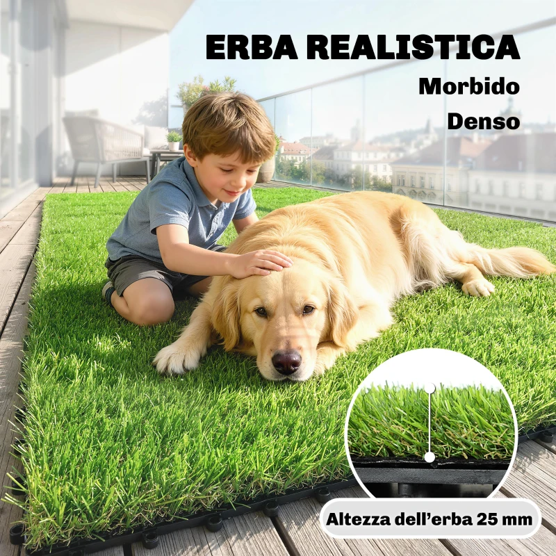 Outsunny 22 pezzi Erba Sintetica, Tappetino 30x30 cm, Pelo 25 mm, Verde