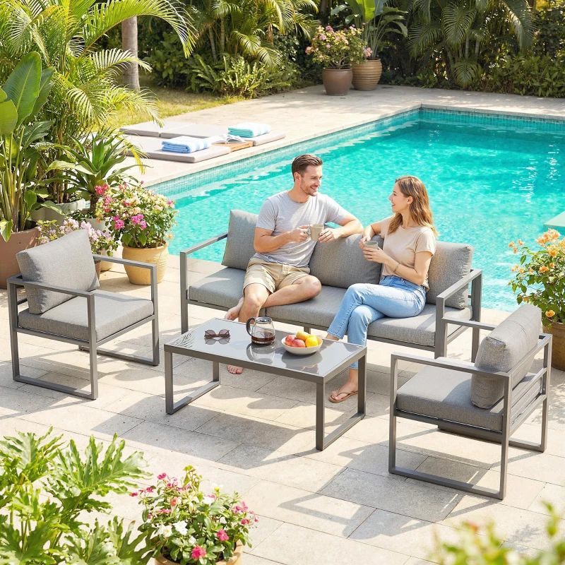 Outsunny 4 Piece Outdoor Garden Furniture Set, Patio Furniture with 3-Seater Sofa, Armchairs and Coffee Table