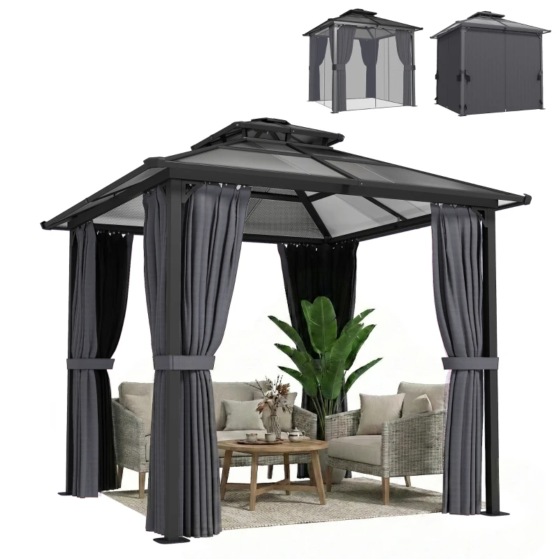 Outsunny 2.5 x 2.5 m Hardtop Gazebo Canopy with Double PC Roof, Drainage Gutters, Garden Gazebo Permanent Pavilion, Dark Grey