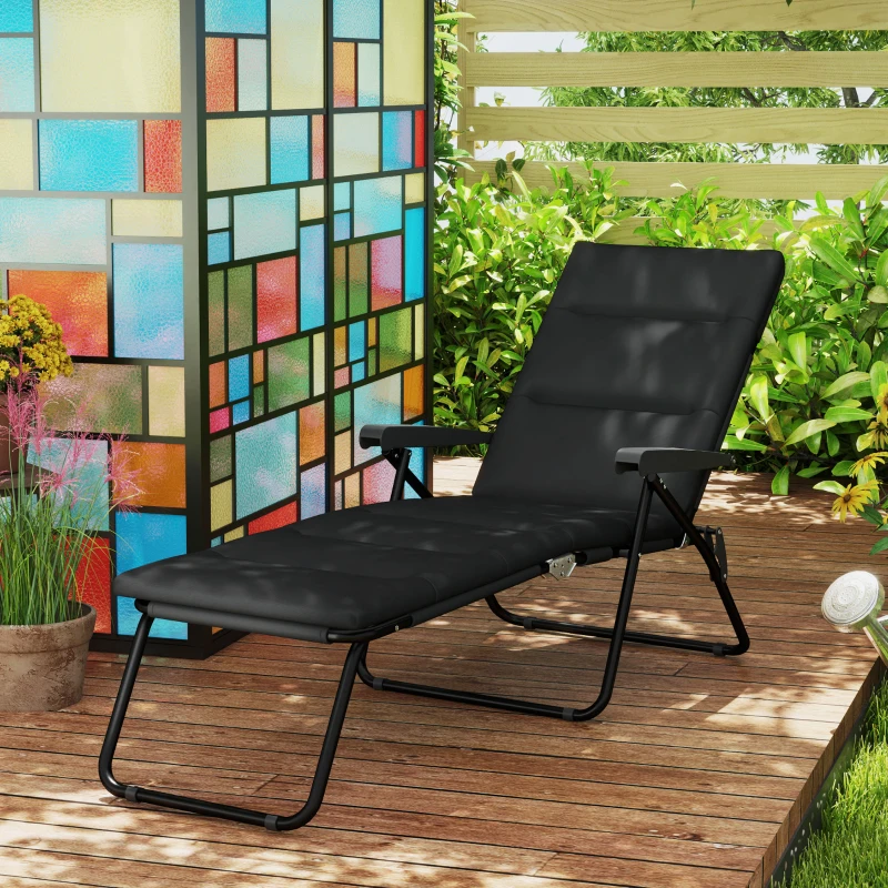 Outsunny Bain de soleil pliable transat inclinable 6 positions avec matelas + accoudoirs acier polyester 153 x 58,5 x 89 cm noir