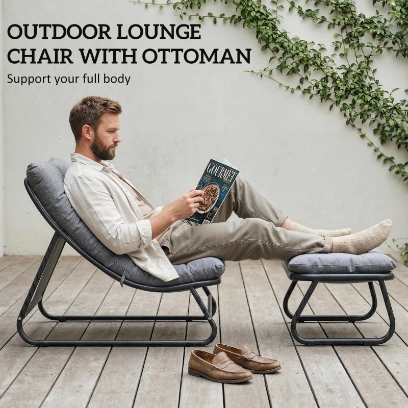 Outsunny Fauteuil de Jardin Relax avec Repose-pieds 2 Pièces avec Coussin Ultra Épais 13cm Tissu Cationique Gris