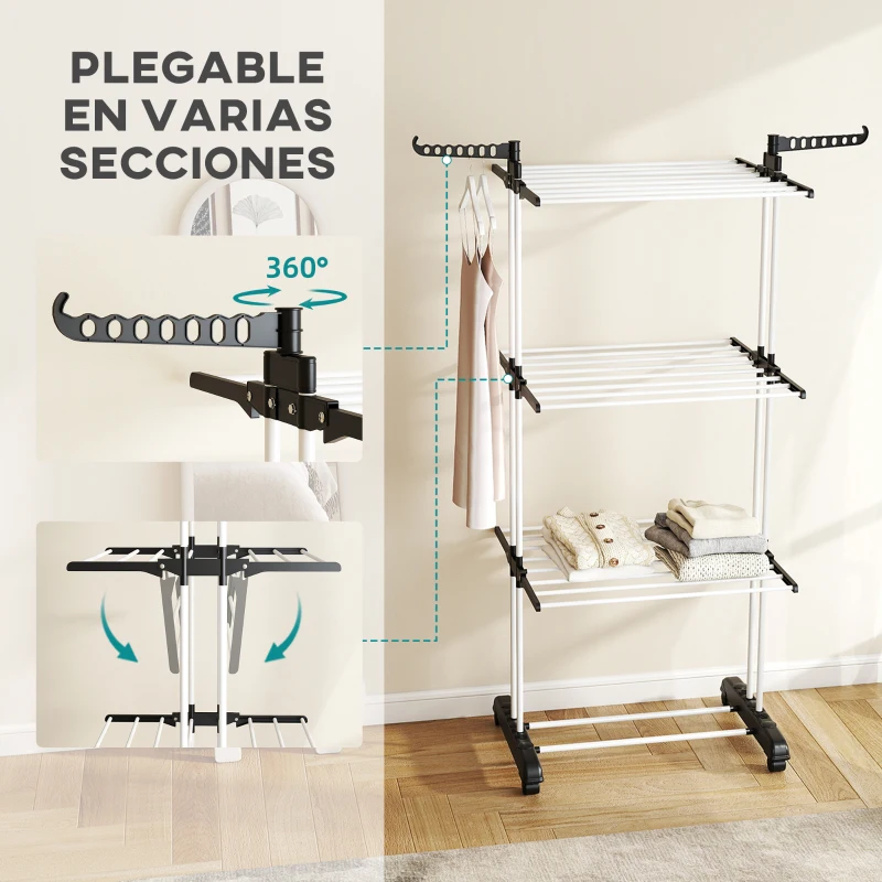 HOMCOM Tendedero de Ropa Plegable con Ruedas 3 Niveles con Alas Plegables y Colgadores 73x64x172 cm Negro y Blanco
