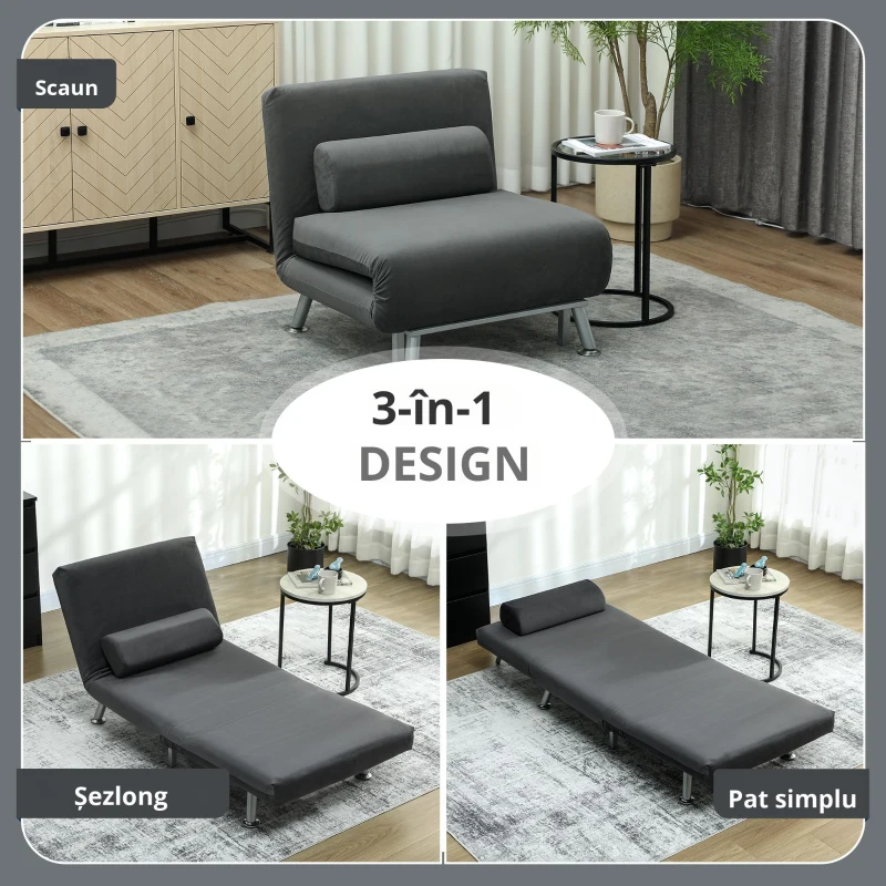 HOMCOM Fotoliu-Pat Single Reglabil din Material cu Aspect de In Gri Închis