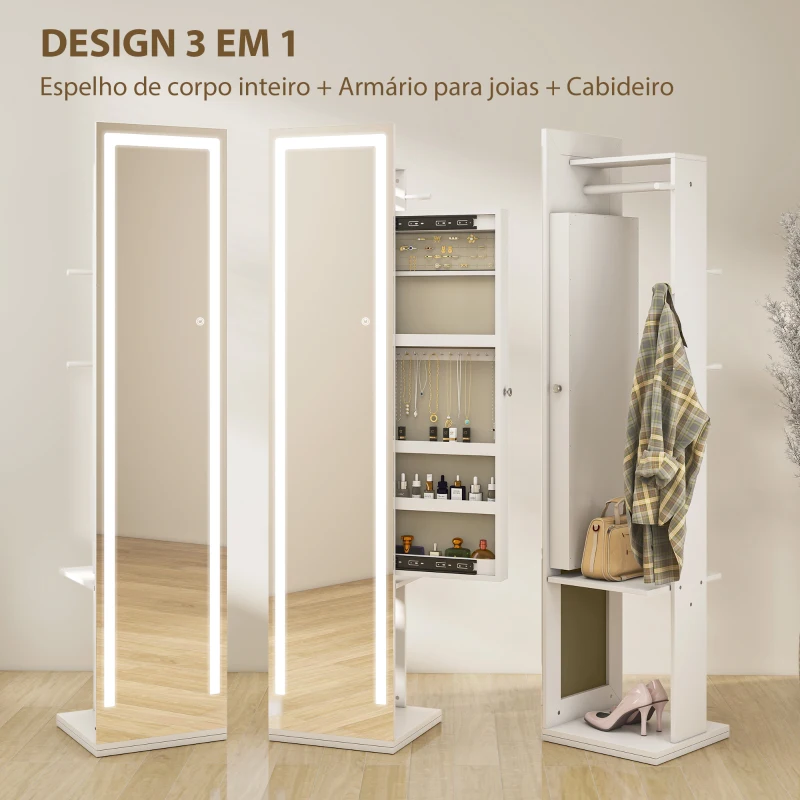 HOMCOM Espelho para Jóias com Luzes LED Espelho de Corpo Inteiro Rotativo 360° Prateleiras Abertas Barras para Pendurar Branco