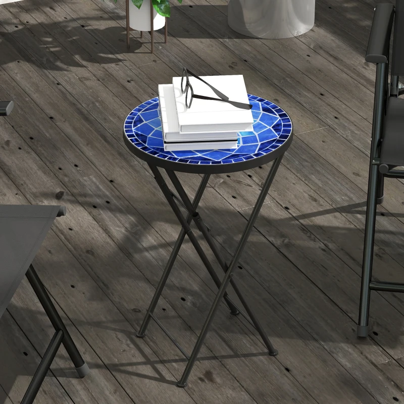 Outsunny Mosaic Outdoor Garden Table, 35.5cm Round Folding Coffee Table with Metal Frame for Balcony Terrace, Navy Blue