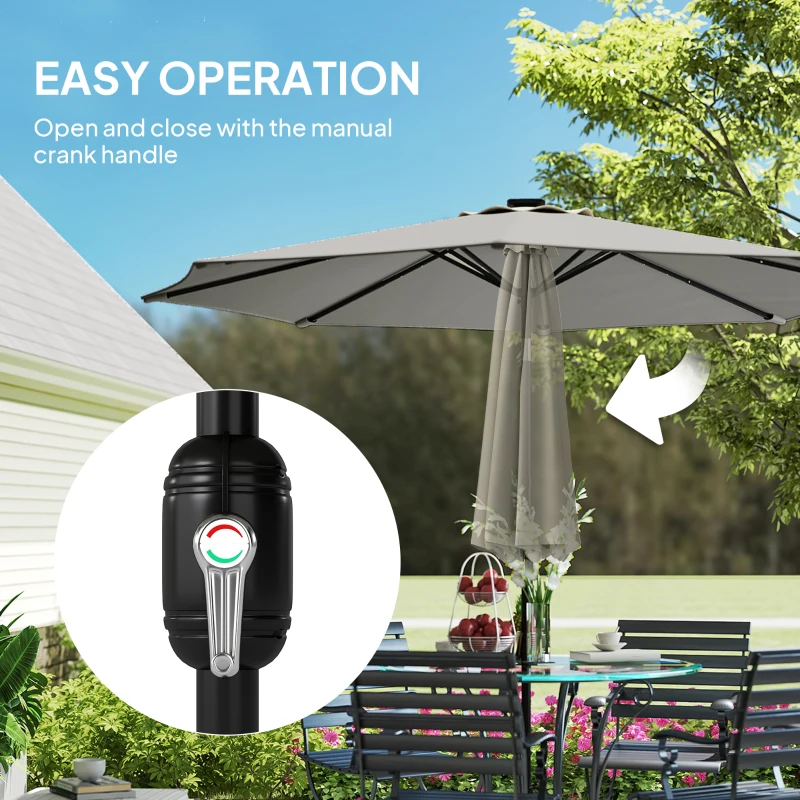 Outsunny 2.6 m Garden Parasol Umbrella with LED Solar Light, Parasol Cover, Outdoor Market Patio Umbrella, Light Grey