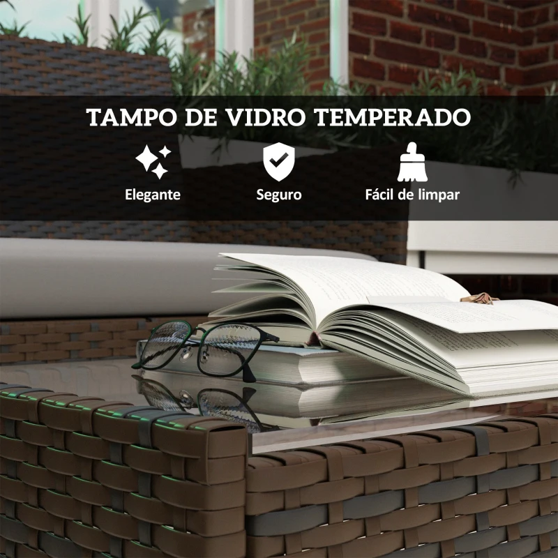 Outsunny Conjunto de Móveis de Jardim em Vime Sintético com Sofá Cadeirões e Mesa com Vidro Temperado e Almofadas Castanho e Cinzento
