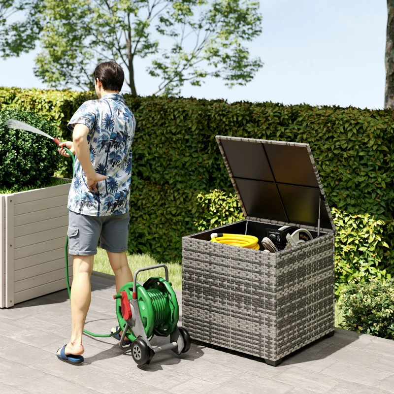 Outsunny 253L Garden Storage Box, Rattan Deck Box with Zipped Liner, Safe Pneumatic Rod, Patio Storage Container, Mixed Grey