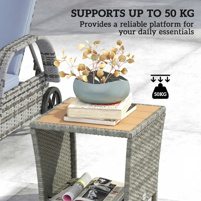 Outsunny Side Table 2-Tier Outdoor Coffee Table with Storage Shelf PS Wood Slat Top/Light Grey