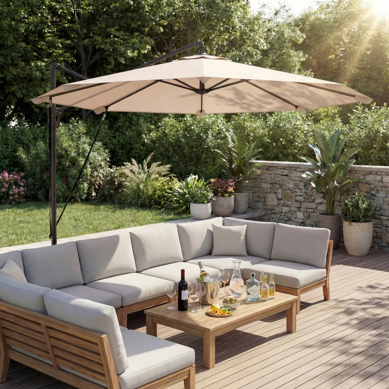 Outsunny 3 m Cantilever Parasol with Protective Cover and Wind Ropes, Banana Parasol with Crank Handle, Khaki