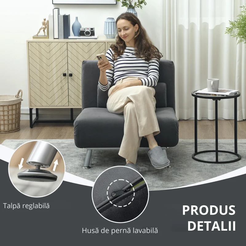 HOMCOM Fotoliu-Pat Single Reglabil din Material cu Aspect de In Gri Închis