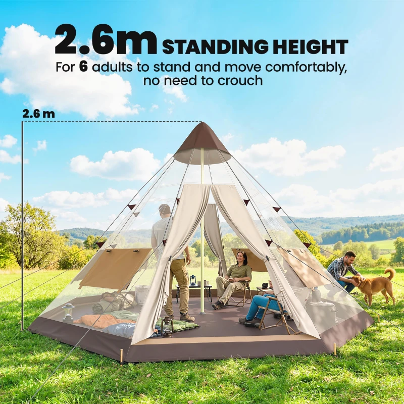 Outsunny 6 Men Tipi Tent with Carry Bag - Khaki