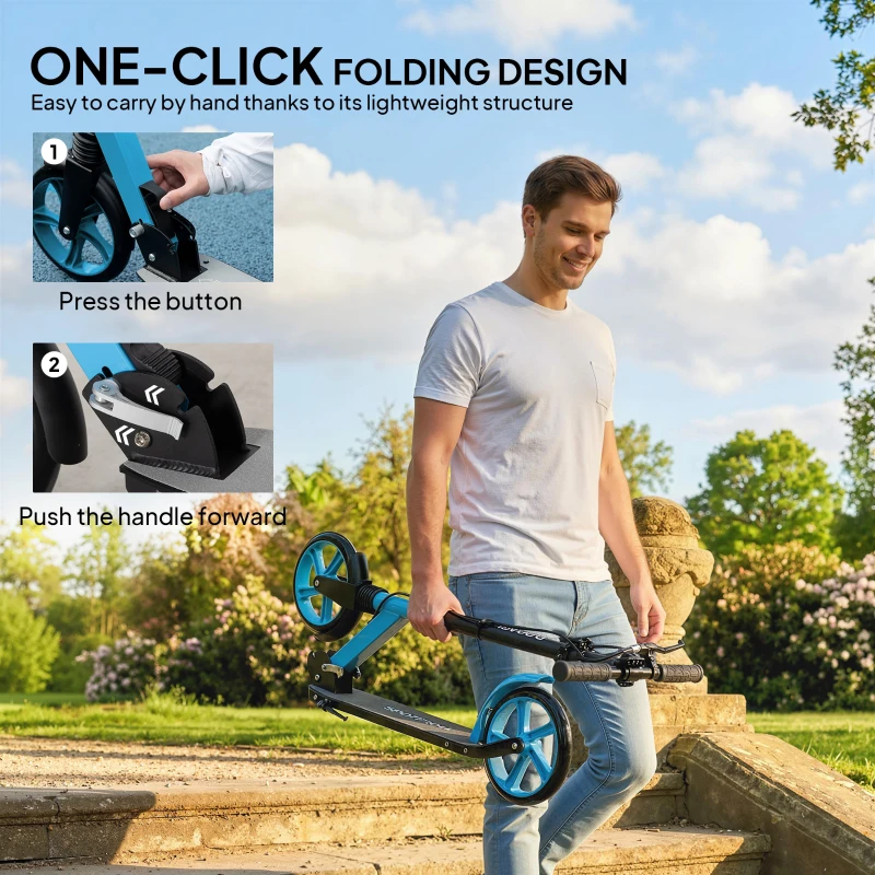 HOMCOM One-click Folding Kick Scooter for 14+ w/ Adjustable Handlebar, Push Scooter with Kickstand, Dual Brake System, Blue