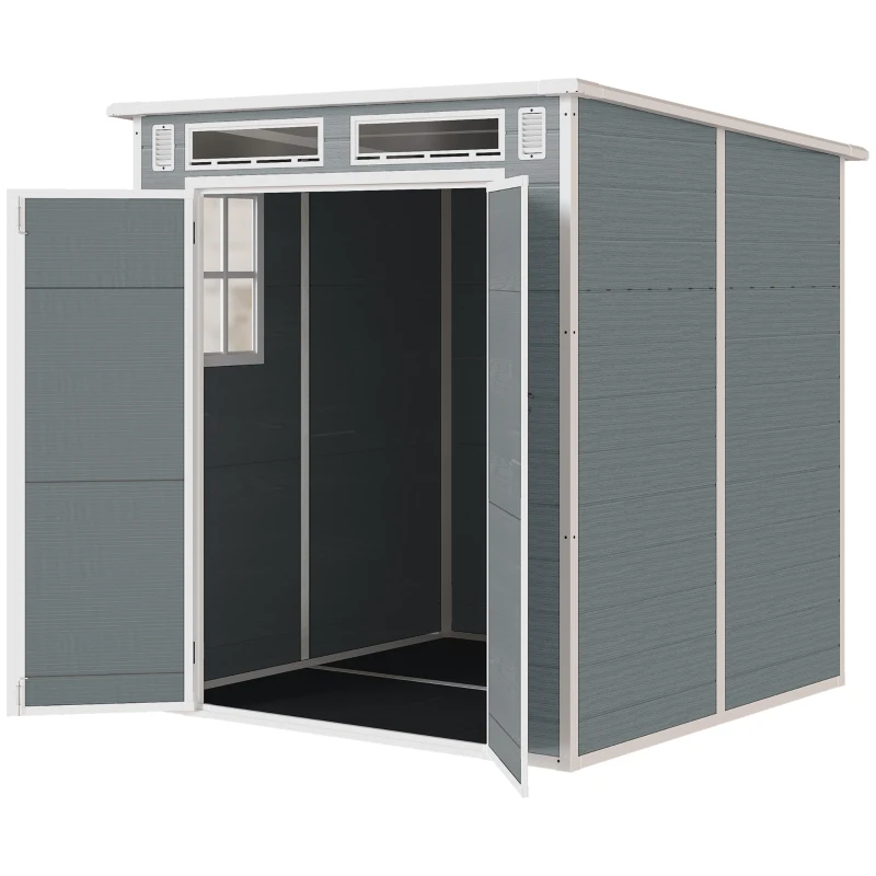 Outsunny 6 x 6 ft Plastic Garden Shed, Wood-Effect Outdoor Storage Shed with Floor, Windows, Lockable Doors and Vents, Grey