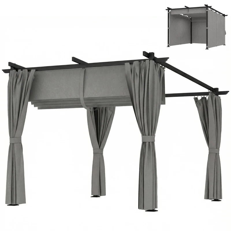 Outsunny 3 x 3 m Retractable Roof Pergola, with Curtains - Light Grey