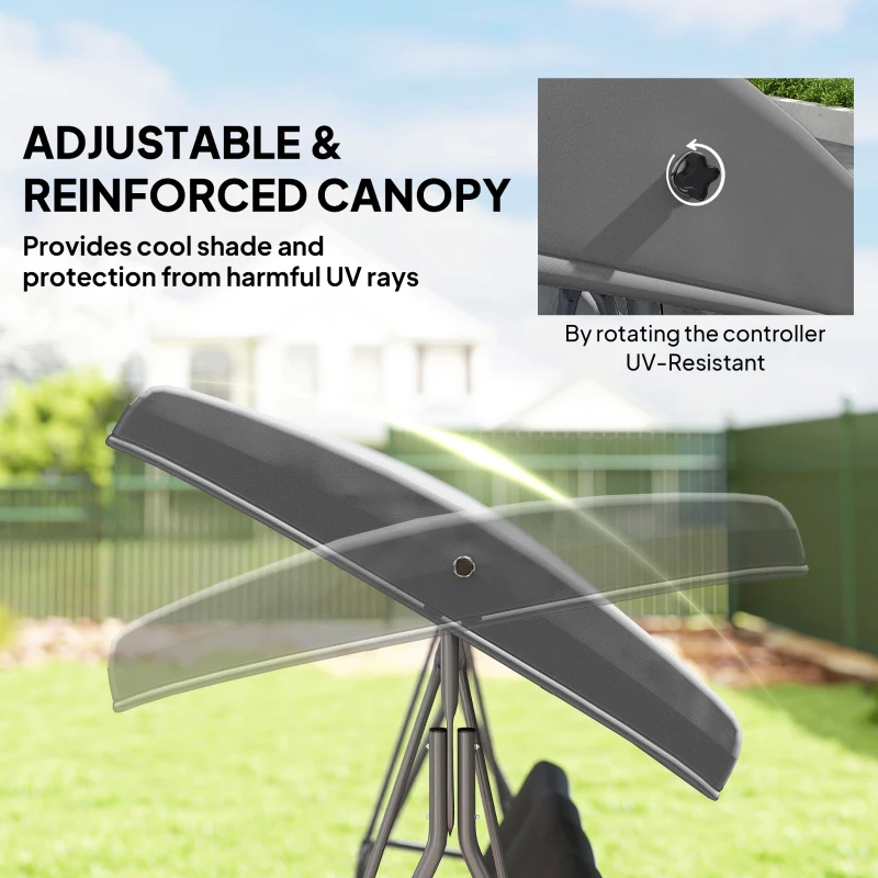 Outsunny 3 Seater Garden Swing Chair, Patio Rocking Bench with Tilting Canopy, Removable Cushion and Steel Frame, Dark Grey