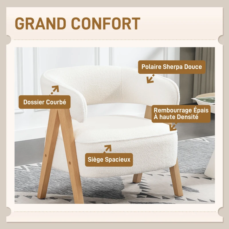 HOMCOM Fauteuil de salon en tissu bouclette, chaise rembourrée, assise large, dossier ergonomique, 70 x 64 x 71 cm, blanc