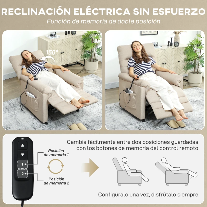 HOMCOM Sillón Relax Reclinable Eléctrico con Calor Lumbar Masaje Vibración Motor Silencioso Función de Memoria Beige