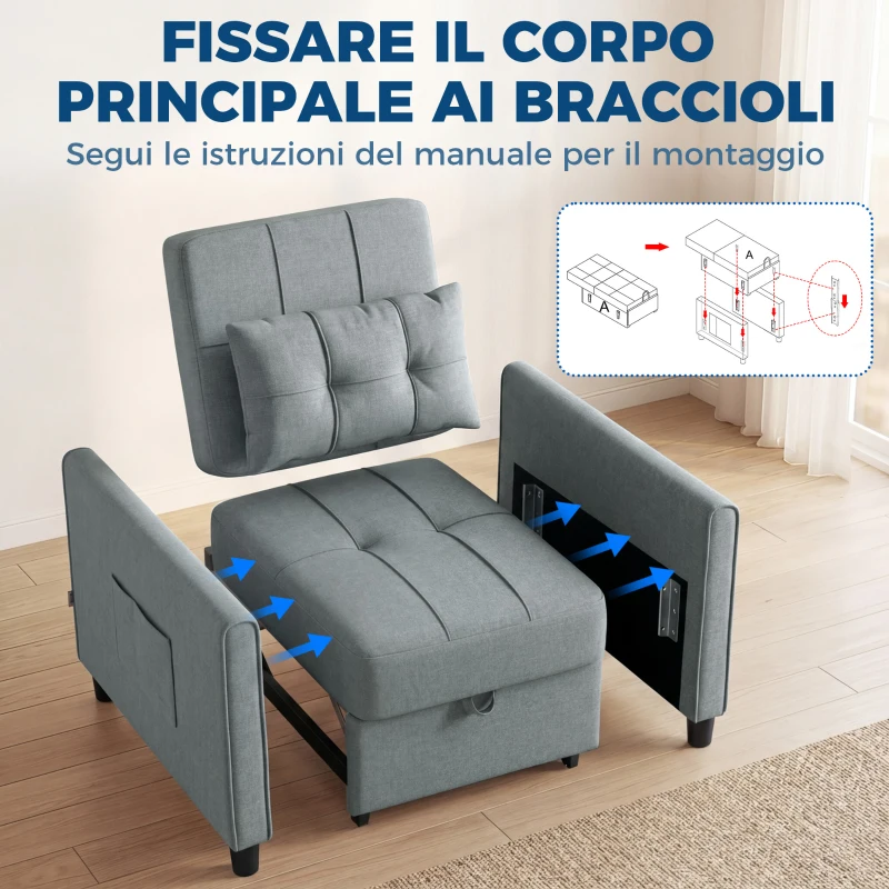 HOMCOM Divano Letto Pieghevole Convertibile con Schienale Regolabile e Cuscino, Grigio