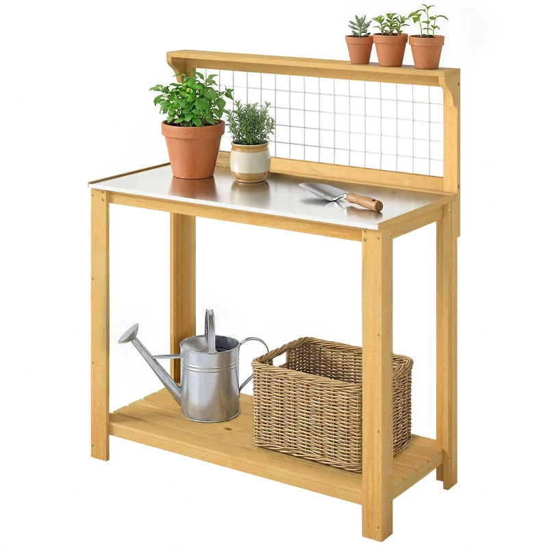 Outsunny Wooden Potting Bench Table with Aluminium Worktop, Outdoor Garden Workbench with 2 Shelves