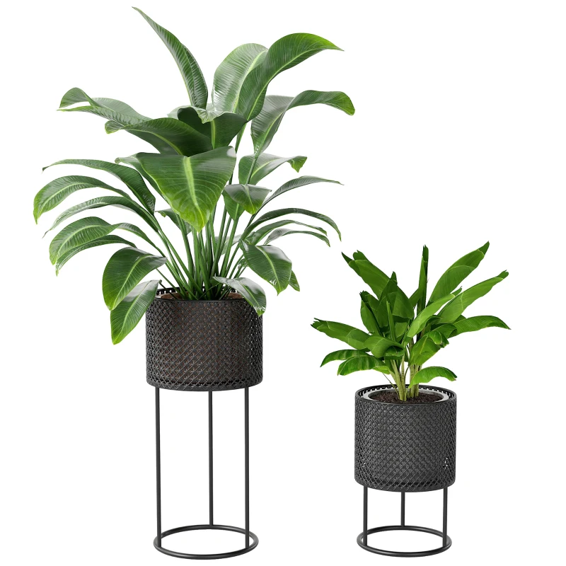 Outsunny Metal Plant Pots Set of 2 with Hollow Design Flower Planters for Garden Balcony Black