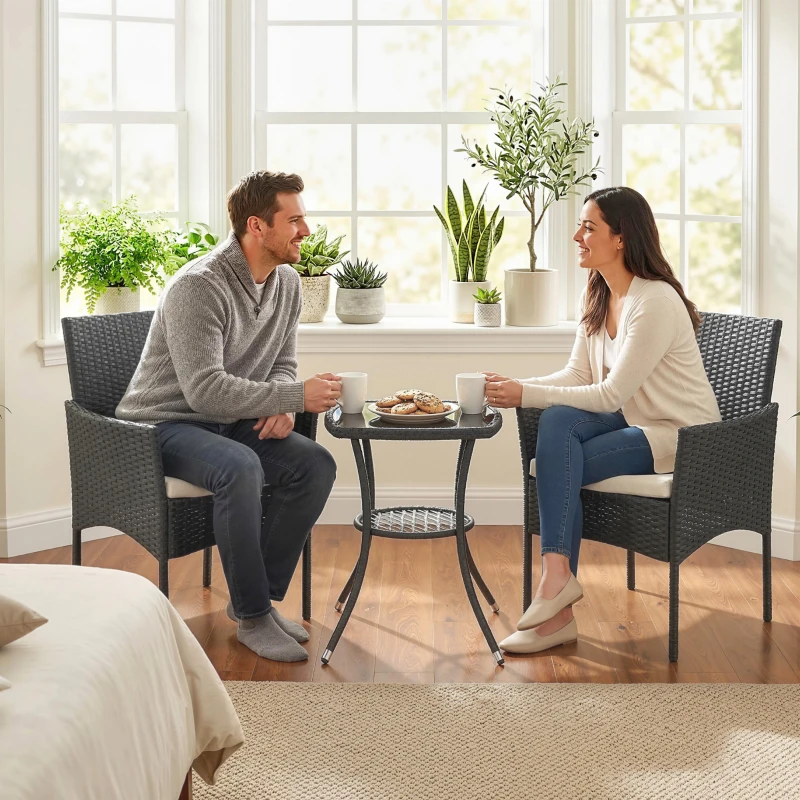 Outsunny 3 Piece Rattan Bistro Set, PE Wicker Garden Furniture Conversation Set with 2 Tier Glass-Top Table, Chairs, Cream White