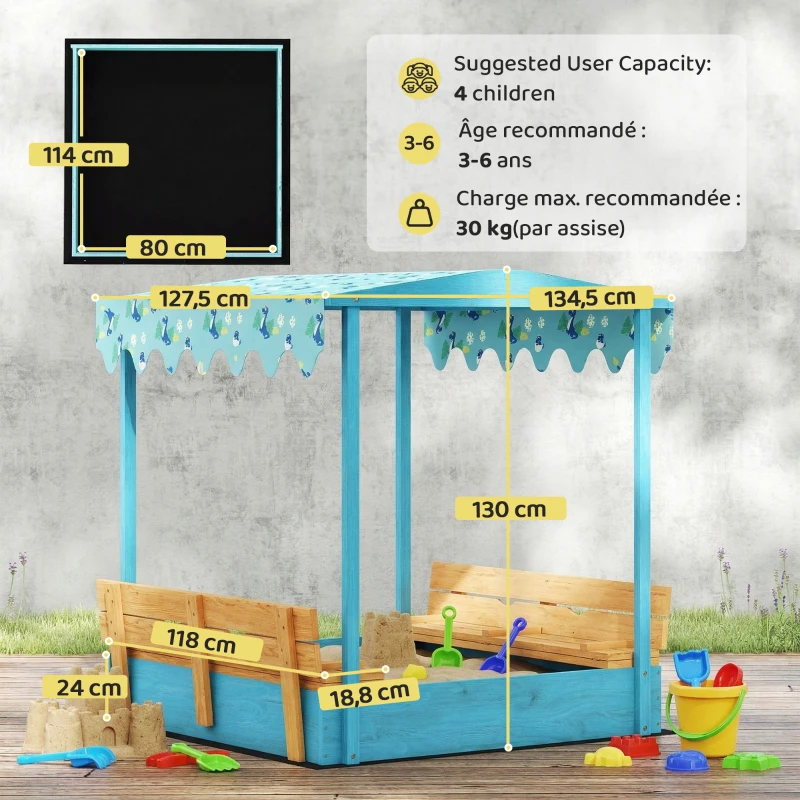 AIYAPLAY Bac à sable en bois avec couvercle, bac à sable enfant extérieur avec siège pliable toile imprimée flamants bleus