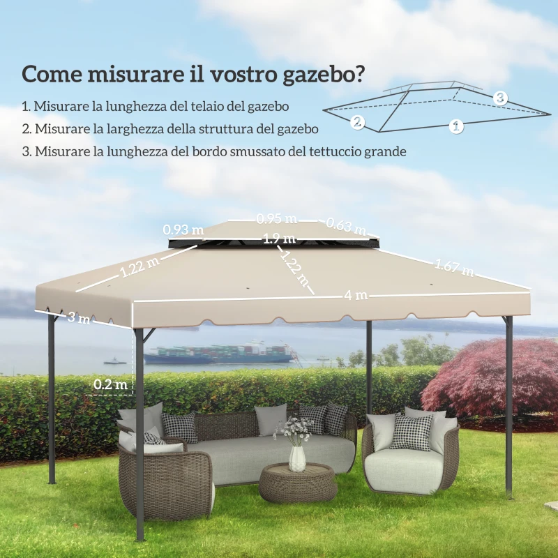 Outsunny Tettuccio di Ricambio per Gazebo da Giardino 3x4m con Tetto a 2 Livelli in Poliestere Beige