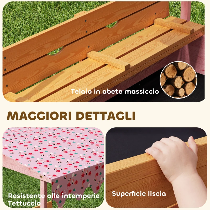 AIYAPLAY Sabbiera per Bambini 3-6 Anni con Tettuccio Fenicotteri, Sedute Pieghevoli, Coperchio e Fodera Inclusa, Sabbionaia per Bambini in Legno di Abete, 134.5x127.5x130 cm, Rosa