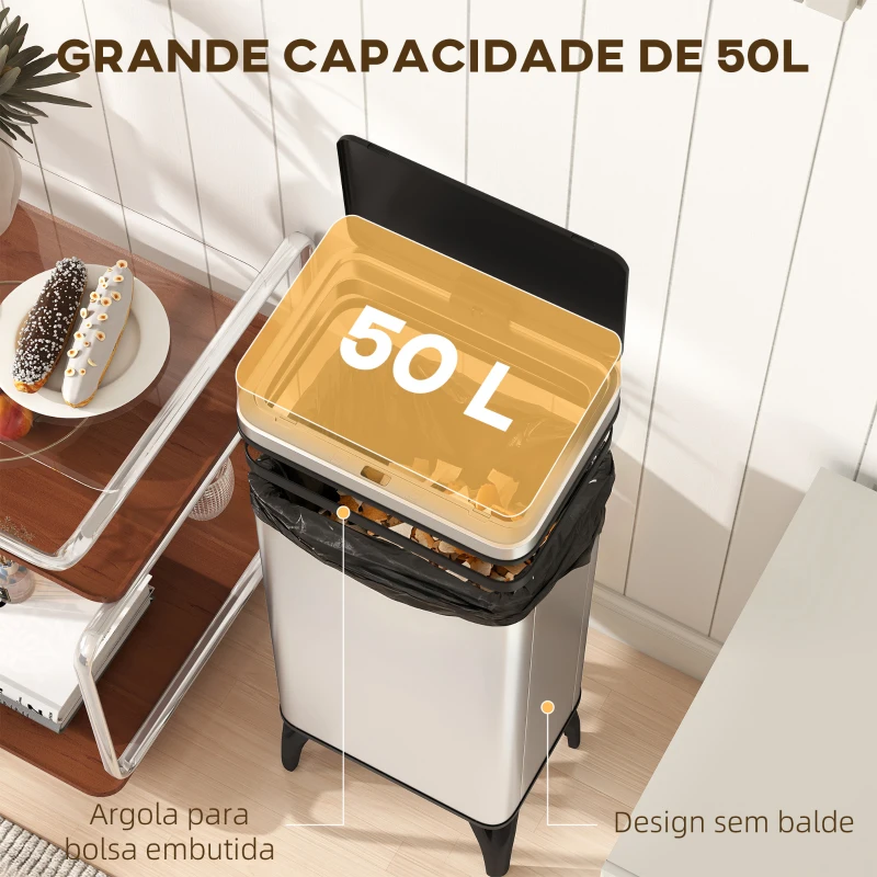 HOMCOM Balde de Lixo Automático 50 L  em Aço Inoxidável com Sensor Infravermelhos e Aro de Retenção 35,5x26x83,5 cm Prata