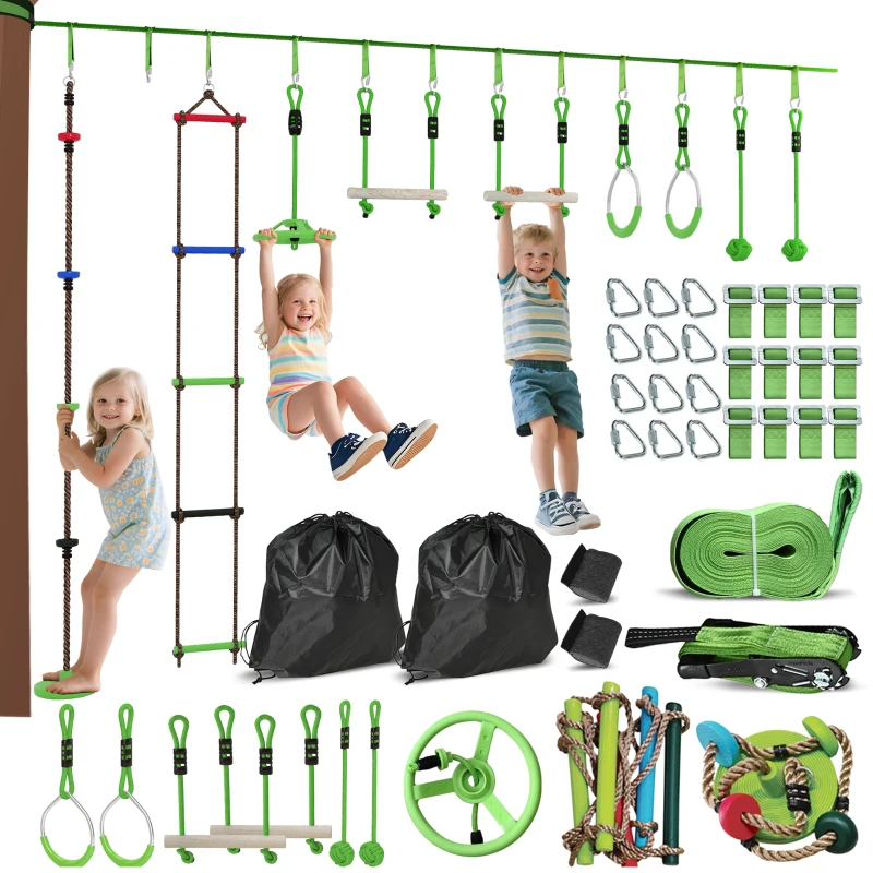 AIYAPLAY Obstacle Course for Kids with 10PCs Slackline Kit, with Monkey Bars, Gym Rings, Rope Ladder, Nest Swing, Hanging Tray