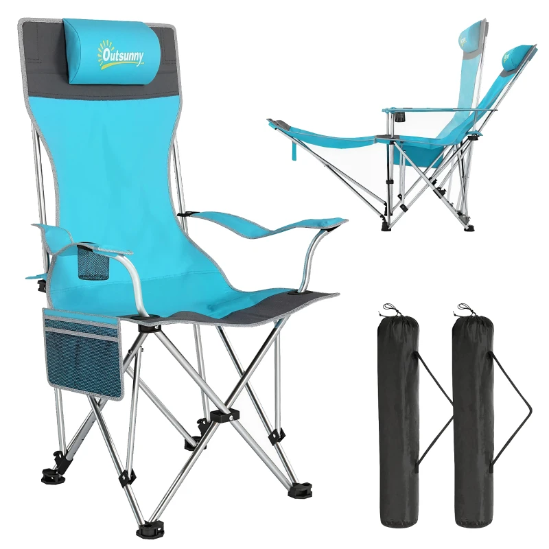 Outsunny Set of 2 Reclining Folding Camping Chair w/ Detachable Footrest, Storage Bag, Cup Holder & Headrest, Blue and Grey