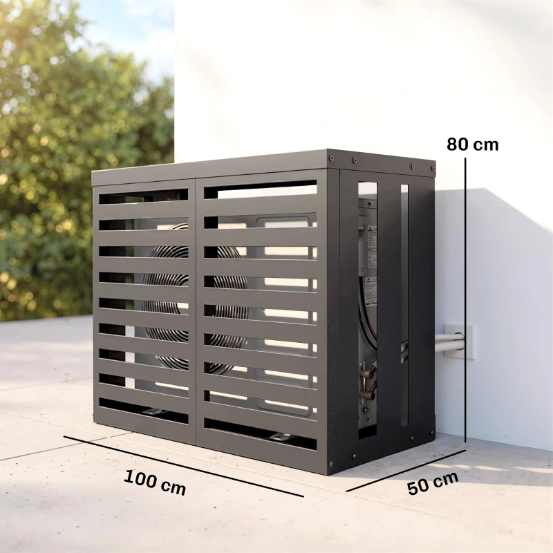 Outsunny Husă pentru aer condiționat exterior, din oțel galvanizat, Gard cu lamele pentru grădină, Gri închis