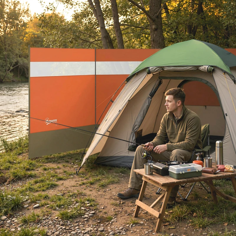 Outsunny Camping Windbreaker with Clear Windows and Steel Poles, for Beach Caravan Campervan, 440 x 140cm, Orange