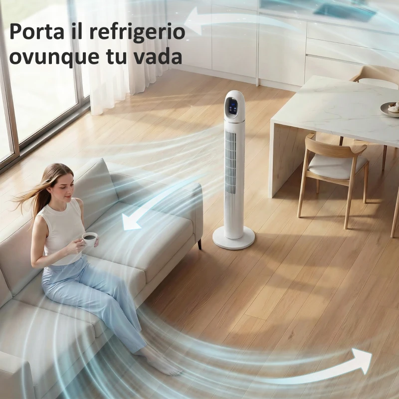 HOMCOM Ventilatore a Torre per Camera da Letto, Ventilatore da Pavimento Oscillante a 70°, 4 Modalità, 3 Velocità, Timer 24 Ore, Bianco