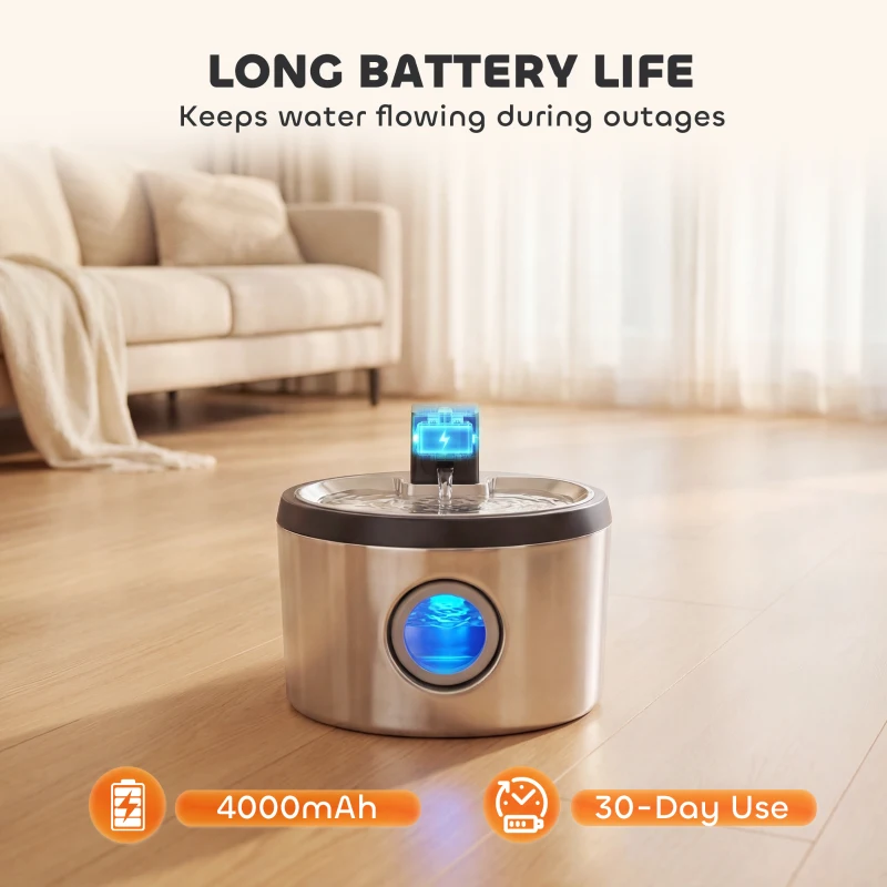 PawHut Wireless Cat Water Fountain for Drinking Stainless Steel, 4L/135oz Battery Operated Cat Fountain Cordless, 6 Filters