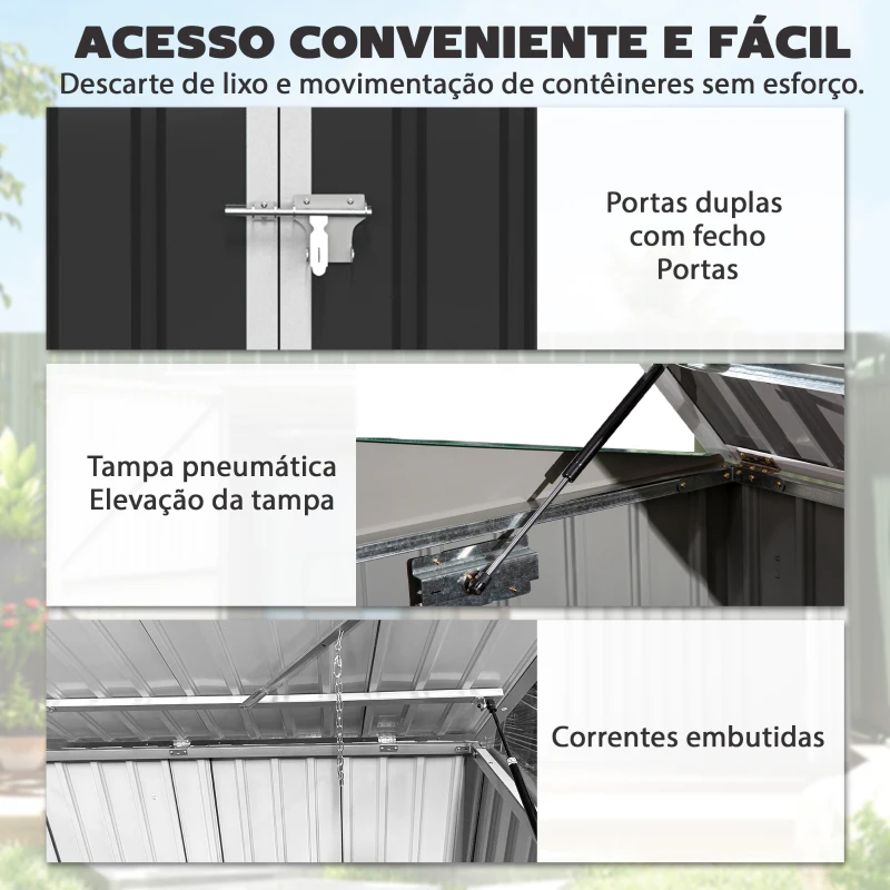 Outsunny Abrigo para Contentor de Lixo Duplo com Tampa Elevável e Portas Duplas 179,5x108x129,5 cm Cinzento Escuro