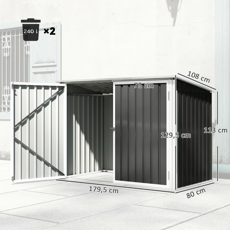Outsunny Mülltonnenbox für 2 Mülltonnen aus verzinktem Stahl Müllbox mit Klappdeckel Gasdruckfeder Doppeltür Belüftungsöffnungen