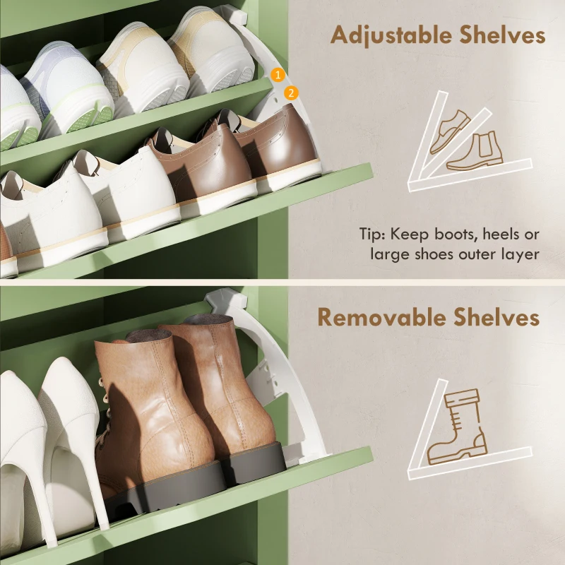 HOMCOM Slim Shoe Cabinet, Narrow Shoe Cupboard with 3 Flip Drawers, Adjustable Shelves for 18 Pairs of Shoes, High Gloss Green