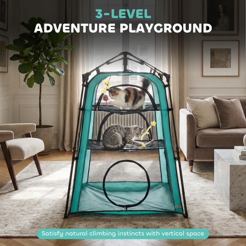 PawHut Cat Tent, 3-Tier Portable Pet Tent for Indoor Outdoor, Cat House with Multi-Door, Carry Bag, Breathable Mesh