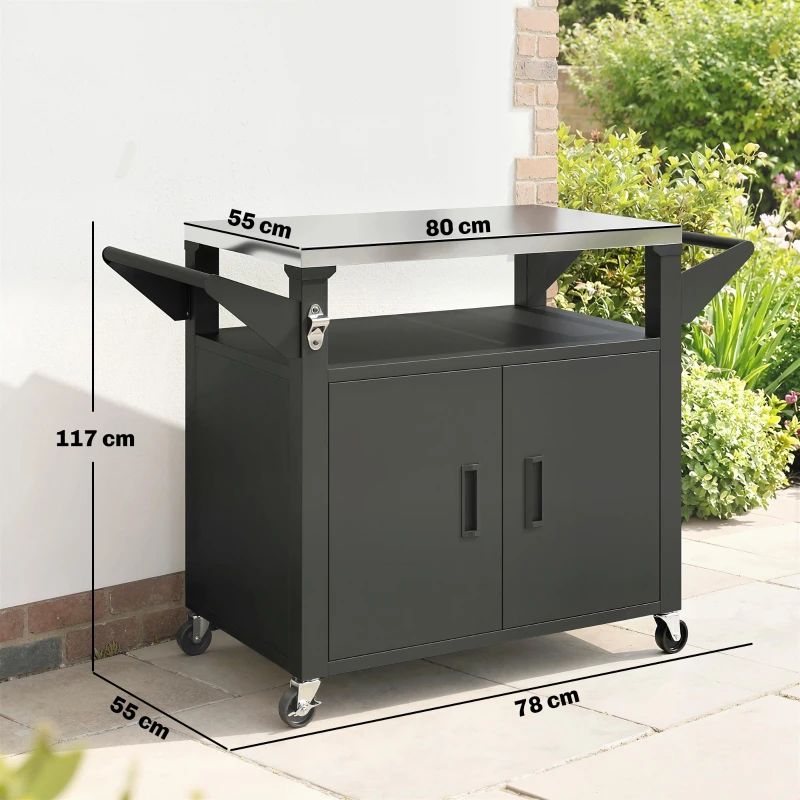 Outsunny Desserte Jardin Chariot Barbecue avec Plan de Travail Inox Étagère Coulissante Armoire de Rangement 117x55x78cm Noir