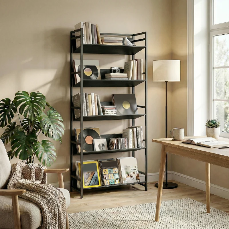 HOMCOM Bookshelf 5-Tier Metal Frame Bookcase Storage Shelves for Living Room Black