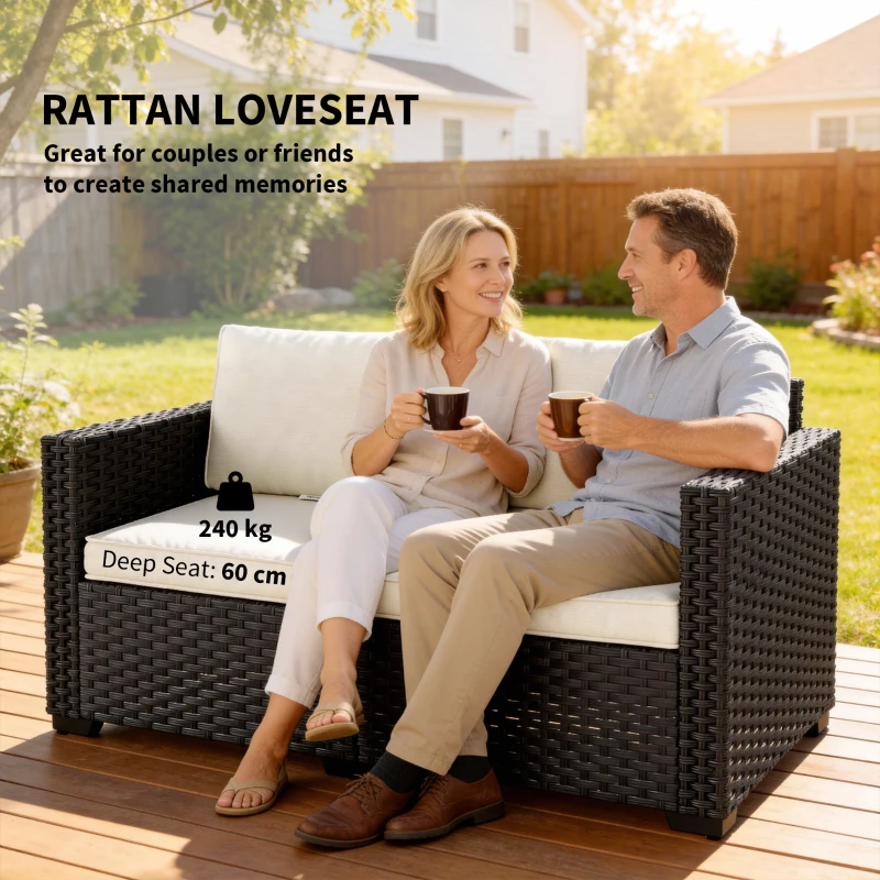 Outsunny 2 Seater Rattan Sofa, Outdoor Garden Sofa with Deep Seat, Cushions, Wide Armrests for Patio, Balcony, Porch, Black