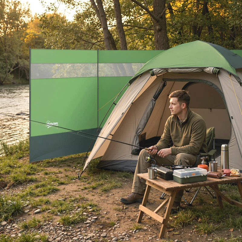Outsunny Camping Windbreaker with Clear Windows and Steel Poles, for Beach Caravan Campervan, 440 x 140cm, Army Green