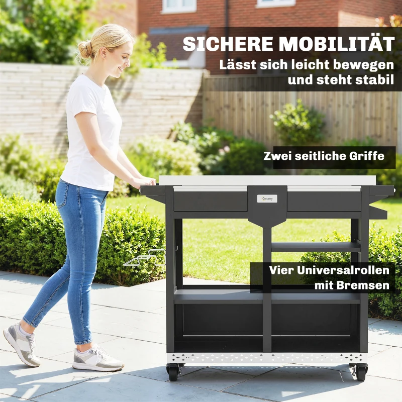 Outsunny Grillwagen 5-Etagen Grilltisch mit Edelstahl Arbeitsfläche verstellbar Regale Schublade Rollen Gewürzhalter Müllständer