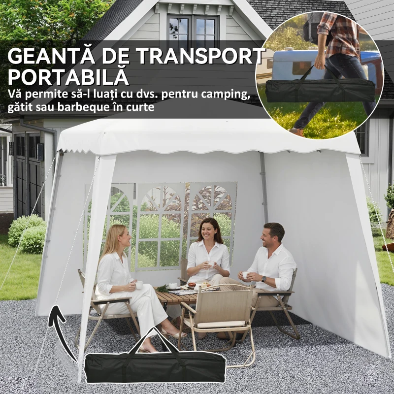 Outsunny Pavilion pliabil cu 2 laterale, Stalpi oblici si geanta de transport, cort de evenimente inaltime reglabila UV50+, cort de gradina, curte, acoperis 2,4 x 2,4 m / baza 2,9 x 2,9 m, alb