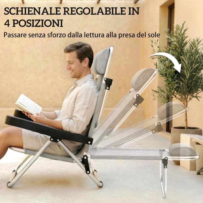 Outsunny Set 2 Sedie a Sdraio Pieghevoli e Reclinabili su 4 Posizioni con Poggiatesta, in Alluminio, 62x61x80 cm, Grigio